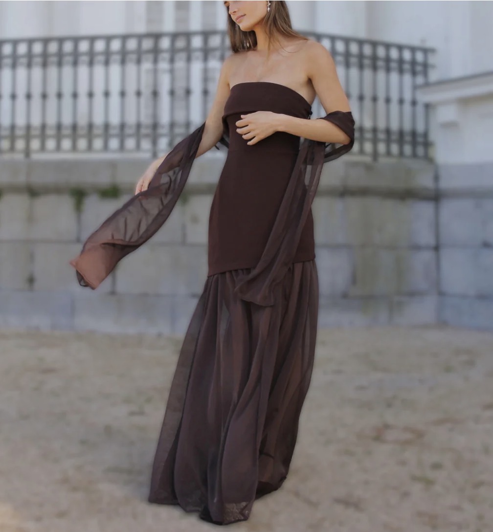 Vestido asimétrico transparencia café