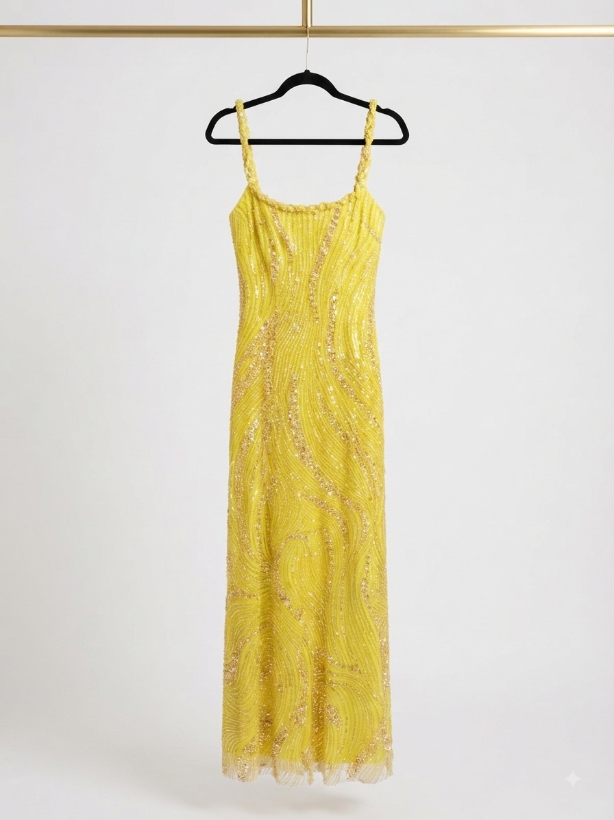 Vestido Largo Amarillo con Brillos y Lentejuelas
